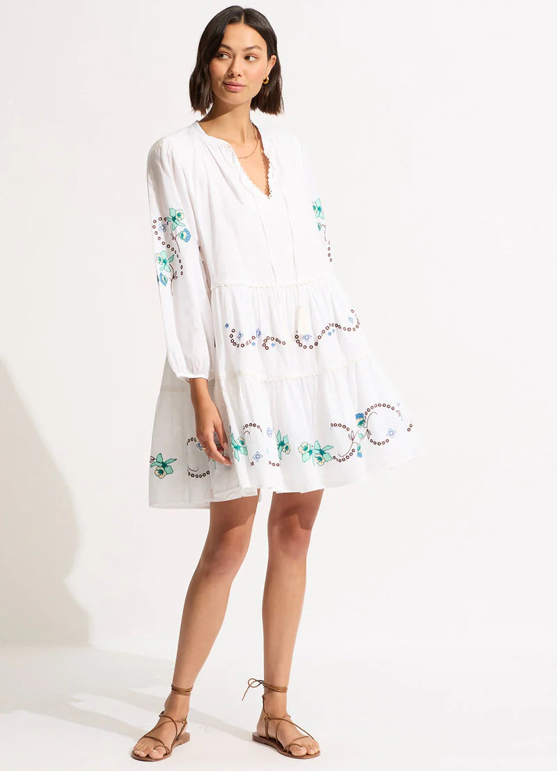 Beached It Eden Embroidery Tier Dress / White