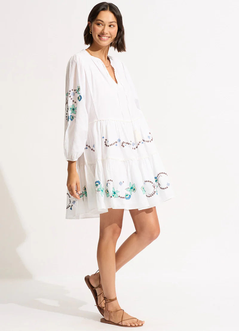 Beached It Eden Embroidery Tier Dress / White