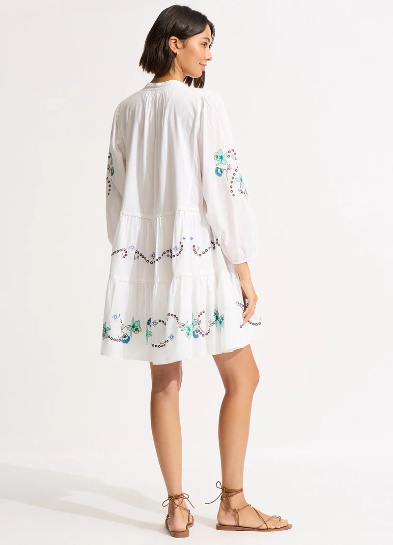 Beached It Eden Embroidery Tier Dress / White